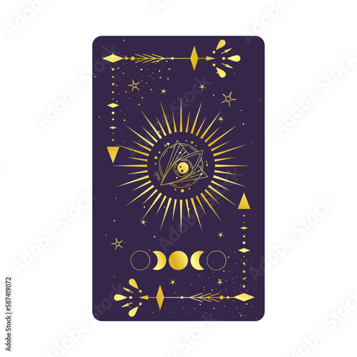 Tarot card gold with mystic eye pyramid isolated. Boho esoteric tarot card with eye and star. Vector illustration. Sacred geometry celestial triangle