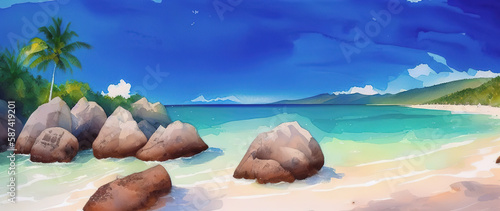 Tropical beach panorama with palms and rocks  Seychelles  Generative AI