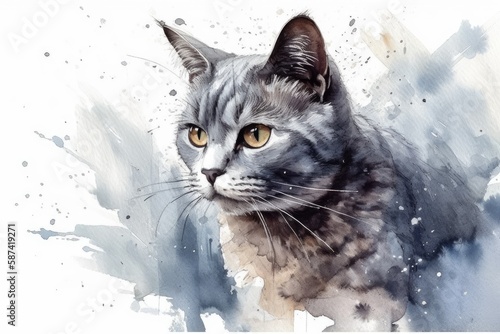 watercolor painting featuring a cat with striking yellow eyes. Generative AI
