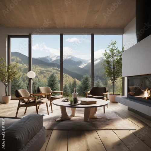 Minimal modern interior living room  with view on beautiful mountains. Generative AI