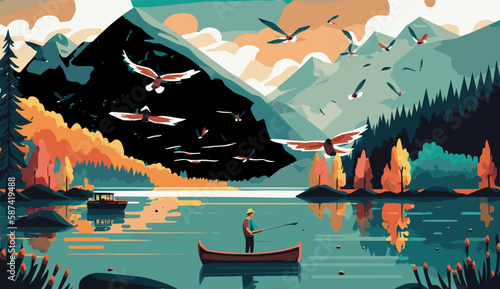 A fisherman catches fish in a boat on a lake at sunset. Vector art. Generative AI technology.