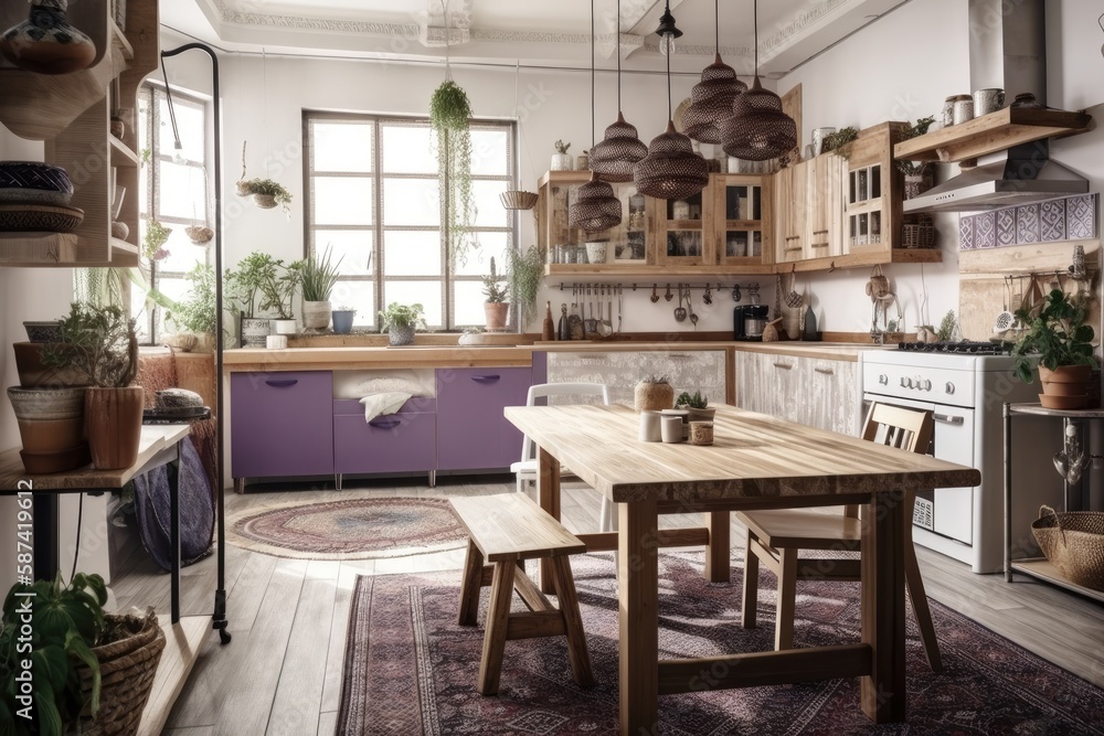 White and purple wooden rural kitchen. Carpet, dining table, appliances. Scandinavian bohemian decor. Plan, top,. Generative AI