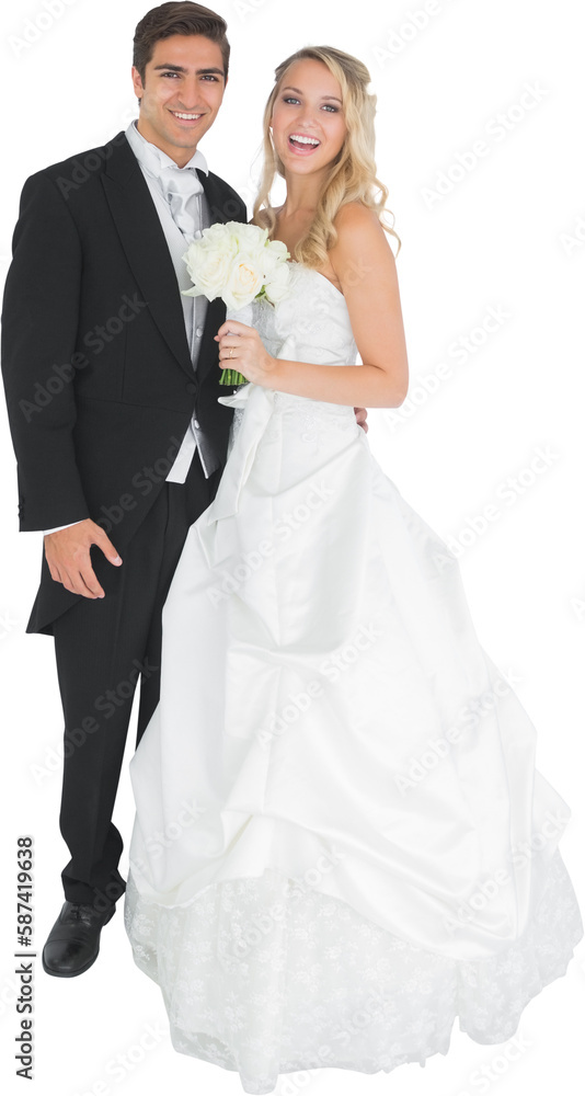 Cheerful young married couple posing over white background Cheerful young married couple posing over white background