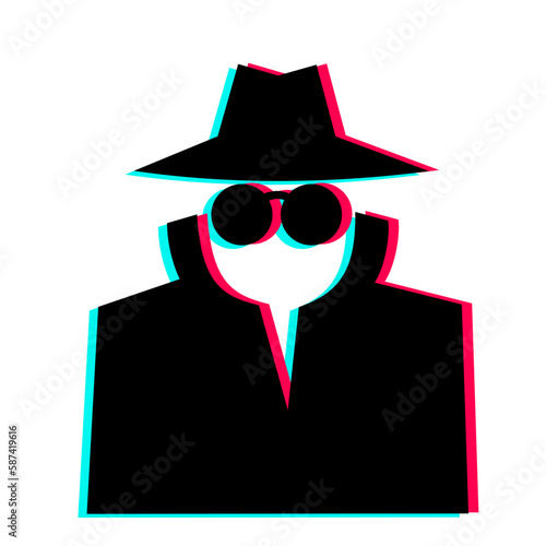 Spy in colors of  social media company as metaphor of surveillance and intelligence agency tool. App as cyber security and privacy danger and threat. Vector illustration