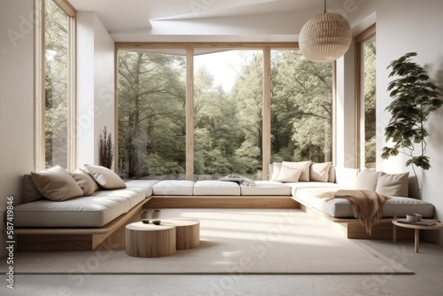 Scandinavian minimalism. Bright studio living room with modular couch and stucco mockup. Forest view panoramic windows. illustration. Generative AI © AkuAku