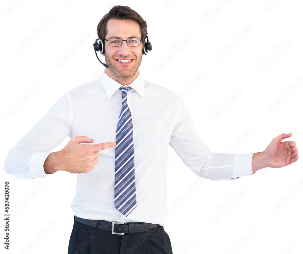 Portrait of call center agent pointing at something Portrait of call center agent pointing at something