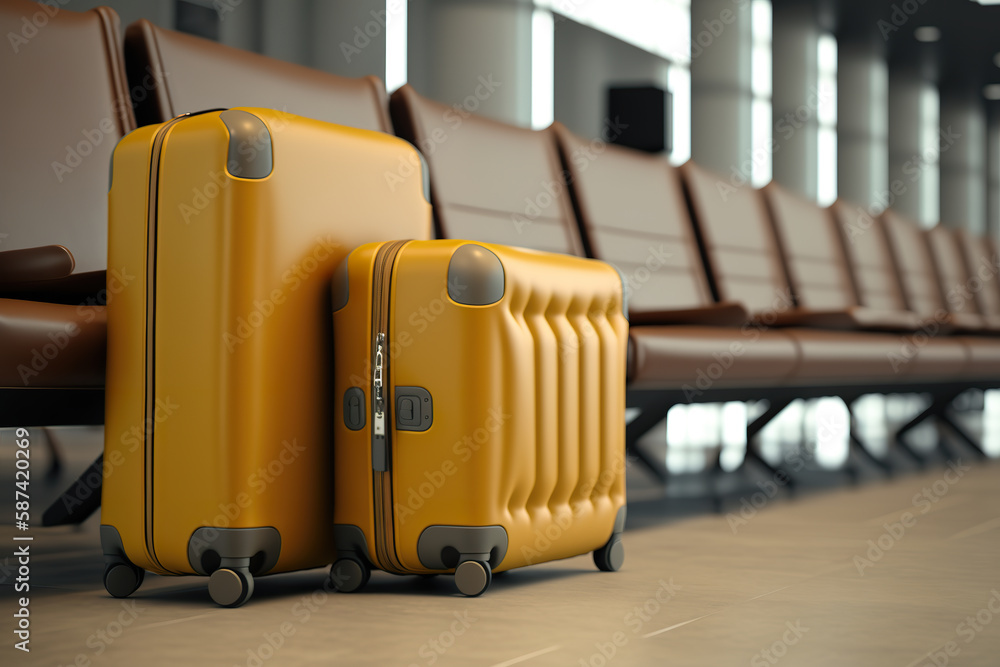 Suitcases at the airport between the lounge chairs. Travel concept. 3D realistic illustration. Creative AI Suitcases at the airport between the lounge chairs. Travel concept. 3D realistic illustration. Creative AI