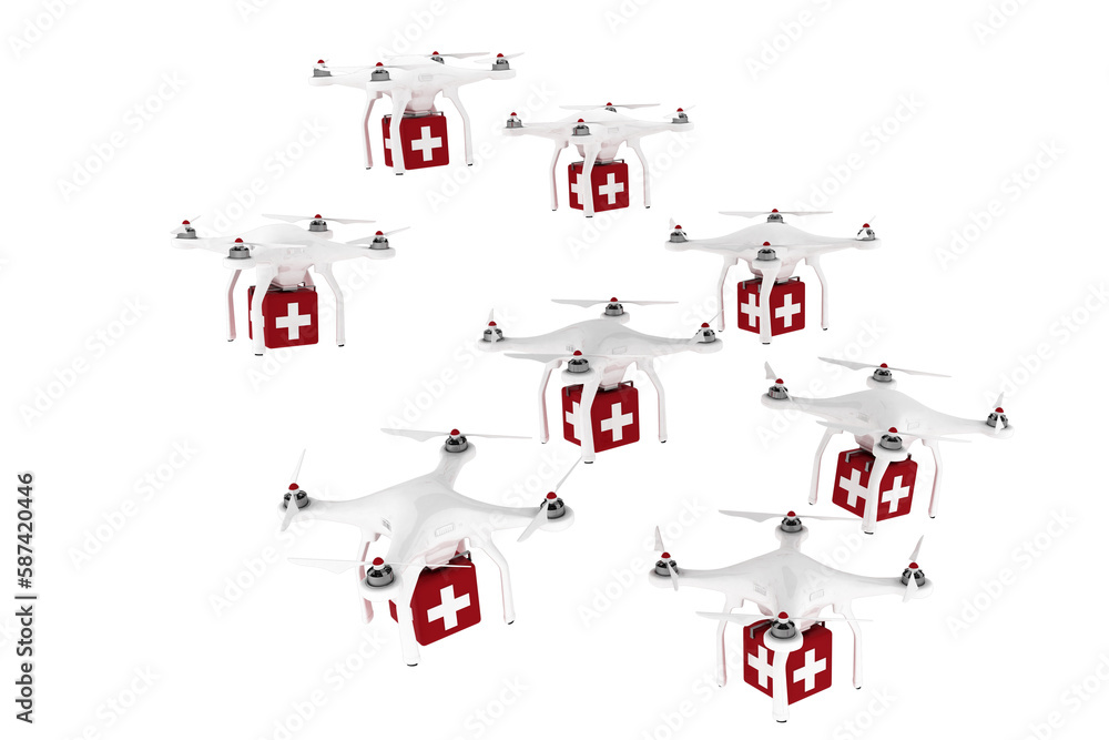 Drones with first aid flying against white background  