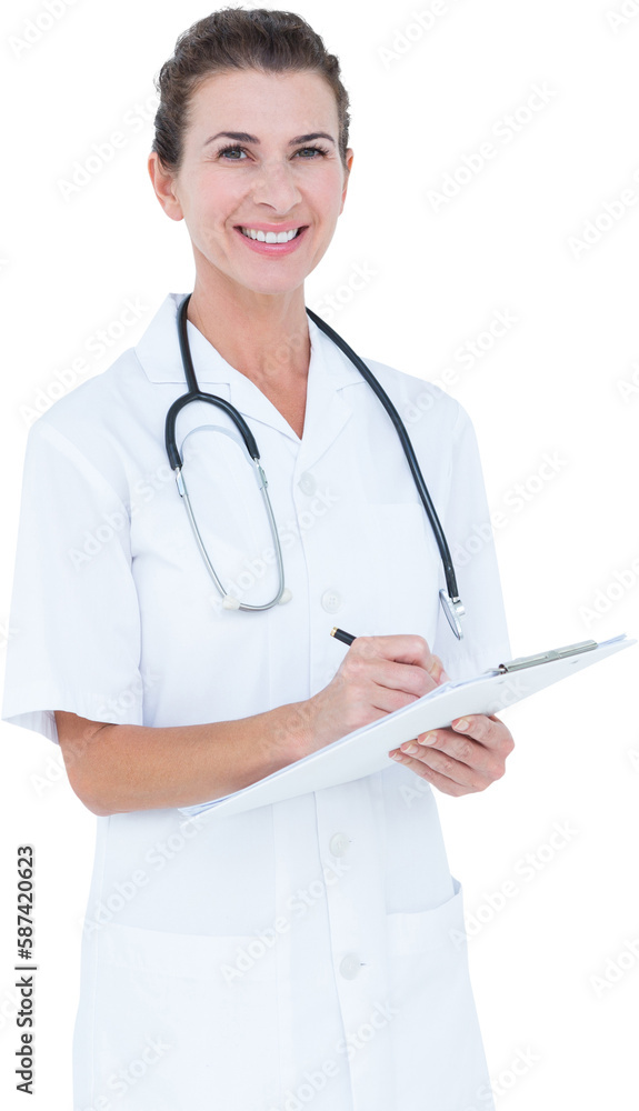 Portrait of smiling female doctor writing on clipboard Portrait of smiling female doctor writing on clipboard