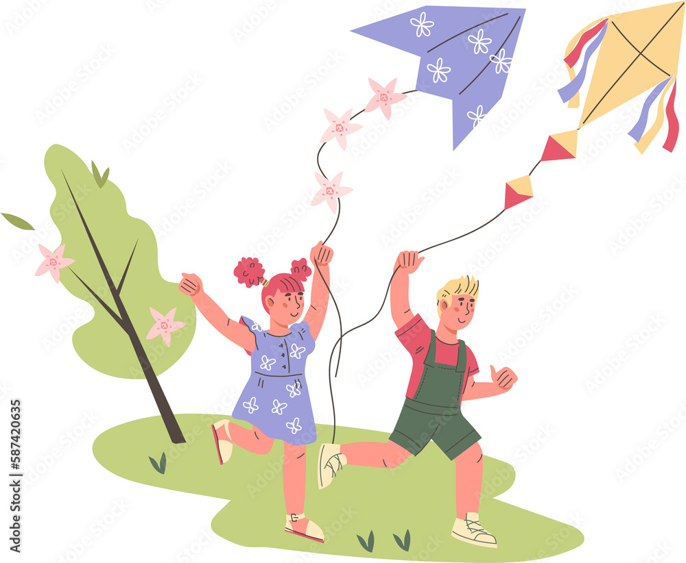 Kids play with air kite on the meadow. Summer children vacation activity and active sport games outdoor concept.