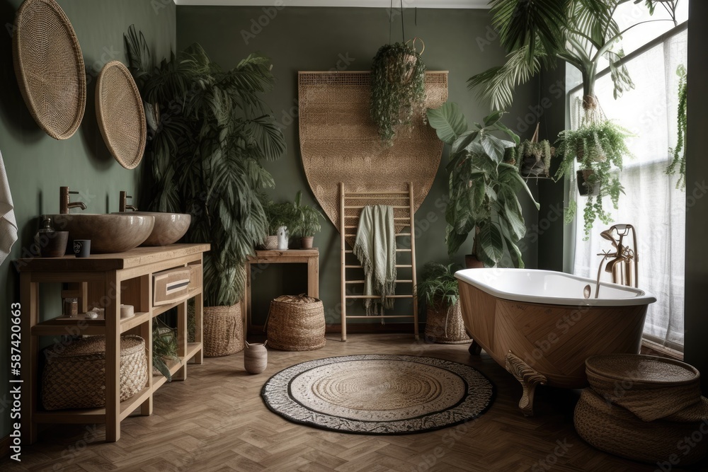 Urban jungle interiors. Contemporary bathroom with green tropical ...