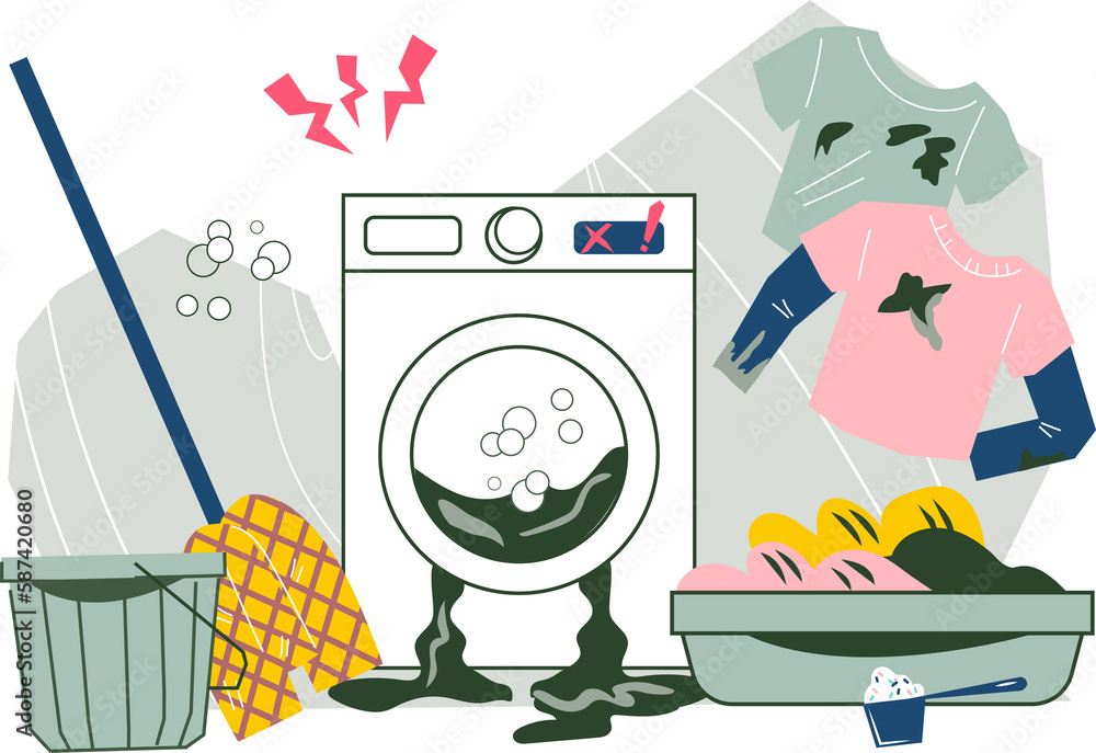 Washer breakdown and leakage. Broken leaking and damaged washing