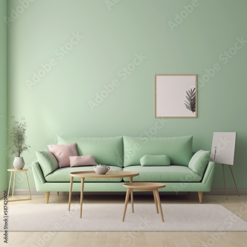interior background three-dimensional lamp simple comfortable cushion indoor room mint wall. Generative AI.
