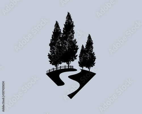 river flow trough hill with some pine trees 