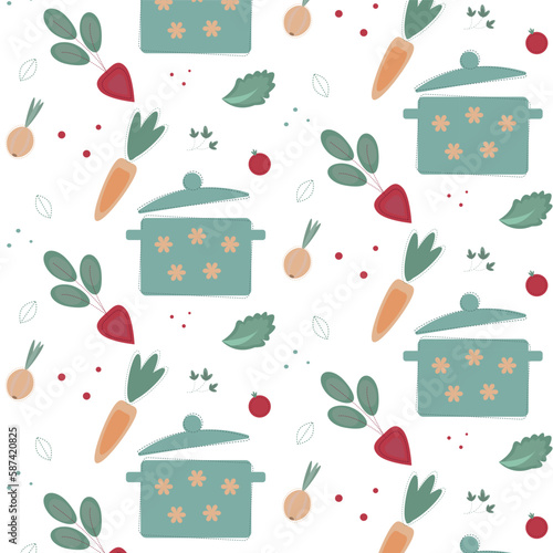 cute vector pattern with pan and vegetables 