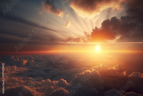 Sunrise in cloudy sky background dramatic sunrise. beautiful sunset Sunrise cloudy sky from aerial view with gentle colorful clouds and dramatic light airplane view. 3D illustration. Creative AI