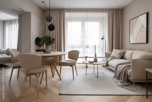 interior background apartment light contemporary house couch space beige home lifestyle room. Generative AI. © SHOTPRIME STUDIO