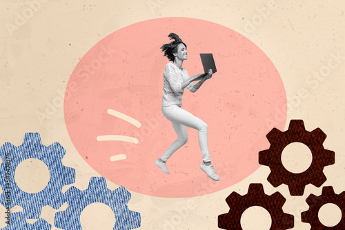 Creative photo collage of young programmer young girl it specialist use laptop jump coder new gaming engine cogwheel isolated on beige background