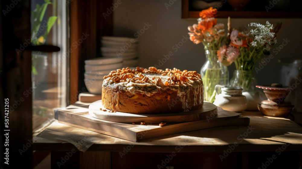 carrot birthday cake with candles, new quality stock image food illustration desktop wallpaper design, Generative AI