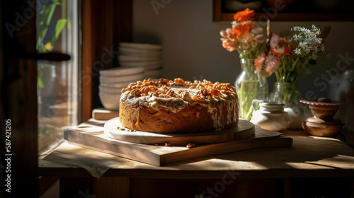 carrot birthday cake with candles, new quality stock image food illustration desktop wallpaper design, Generative AI