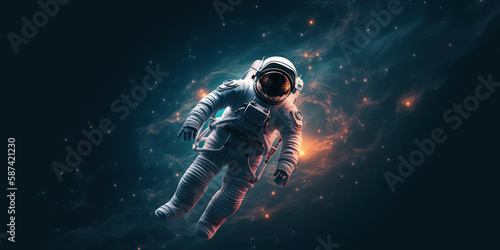 Lost in the Vastness: lone astronaut hovering in cosmic distant space. Generative AI