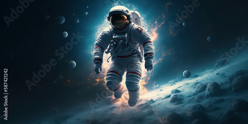 Lost in the Vastness: lone astronaut hovering in cosmic distant space. Generative AI