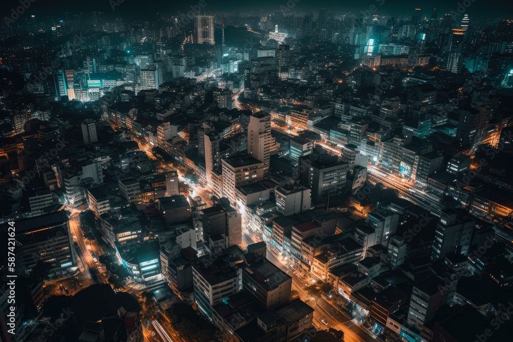 A view from the sky of a large city at night. Created with Generative AI.