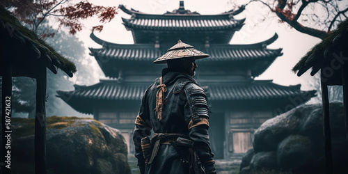 Warrior's Honor: Armed Samurai Standing Guard at Ancient Japanese Temple. Generative AI