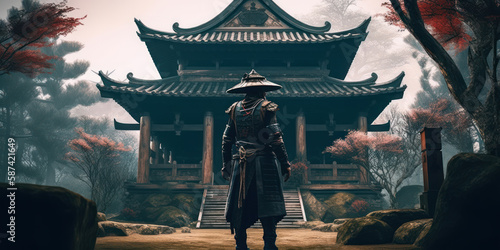 Warrior's Honor: Armed Samurai Standing Guard at Ancient Japanese Temple. Generative AI