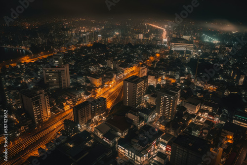 An aerial view of a large city at night. Created with Generative AI. © rosinka79