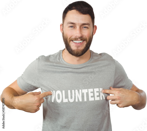 Man showing volunteer text on tshirt 