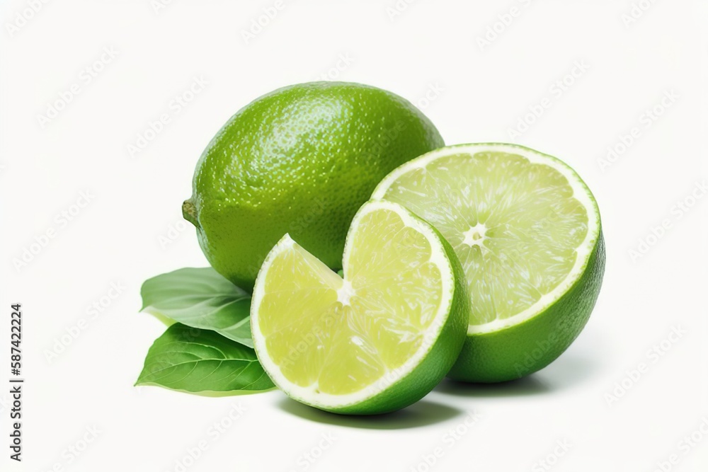 Green lime with cut in half and slices isolated on white background, Generative AI. Green lime with cut in half and slices isolated on white background, Generative AI.