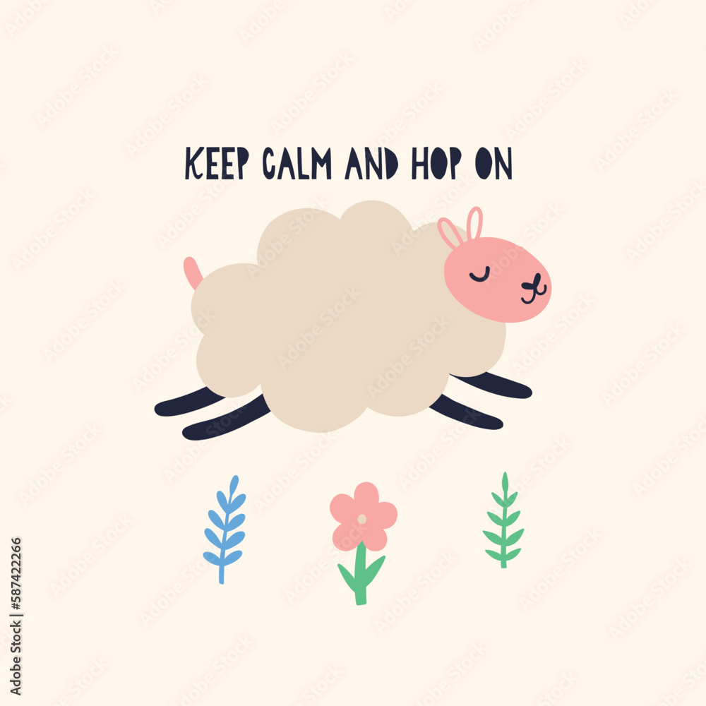 Fototapeta premium Bouncing sheep over spring flowers. Happy Easter holiday concept for egg hunt design, print, social media, poster, postcard. Modern Flat Style
