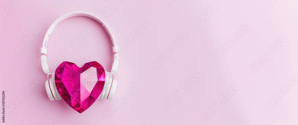 Purple ruby heart in headphones on a pink background, jewelry, Generative AI.
