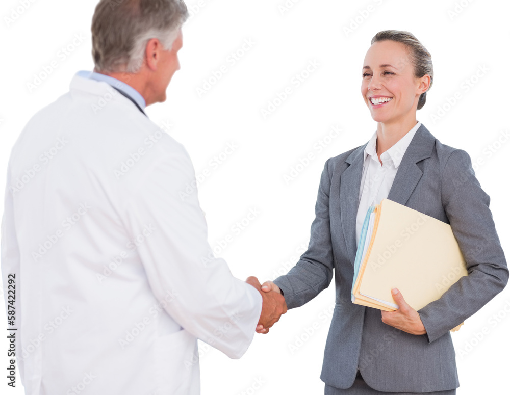 Confident doctor greeting pretty businesswoman