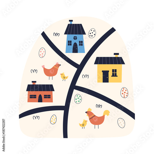 Children cartoon map Easter Egg Chicken House. Happy Easter holiday concept for egg hunt design, print, social media, poster, postcard. Modern Flat Style