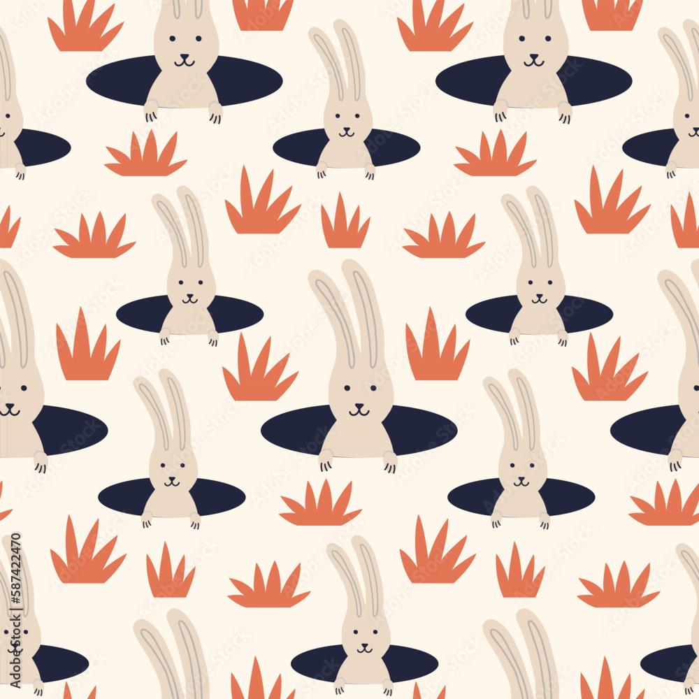Easter Bunny hiding in a burrow pattern. Spring seamless background for print, textile, wrapping paper, fabric. Flat surface design