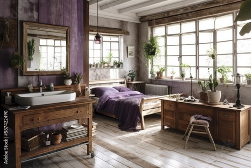 White and purple bohemian wooden bedroom and bathroom. Bed  bathtub  washbasins  potted plants. Shutters. Vintage farmhouse decor . Generative AI