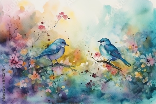 A serene meadow with colorful blossoms and chirping birds impressionist style joyful mood watercolor style, detailed birds. Generated AI. © snesivan
