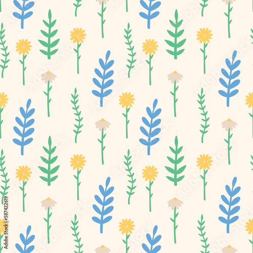 Spring pattern cartoon daisy orchid flower. Spring seamless background for print, textile, wrapping paper, fabric. Flat surface design