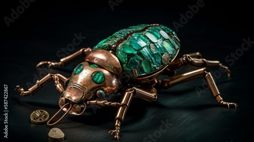 A beetle with shimmering emerald eyes and a shell made of copper and bronze, crawling along a set of antique keys Generative AI © Denis Yevtekhov