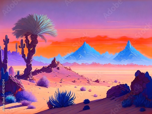 Desert landscape. Sunny landscape view remote desert. Desert landscape background illustrarion, design of dunes. Created with generative AI tools © Oleksii