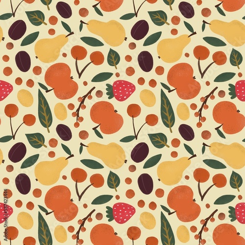 Seamless pattern with cartoon apple, pear, cherry, strawberry, decor elements. fruit theme. hand drawing. design for fabric, print, wrapper, textile