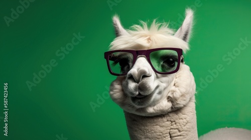 Human-like Grinning Alpaca Sunglasses Green Background - generative AI 