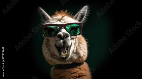 Happy Alpaca Sunglasses Green Background Portrait - generative AI  © creatorcave