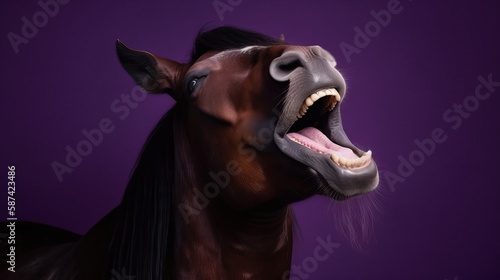 Extreme Smile Cute Horse Portrait Purple Background - generative AI 