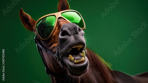 Happy Laughing Horse Sunglasses Green Background - generative AI 