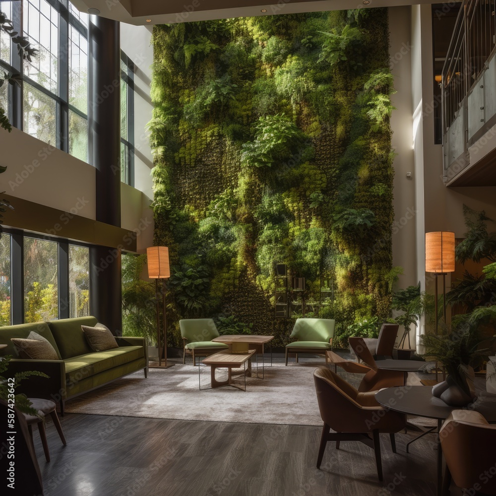 Obraz premium Verdant wall of cascading ferns in a vertical green space