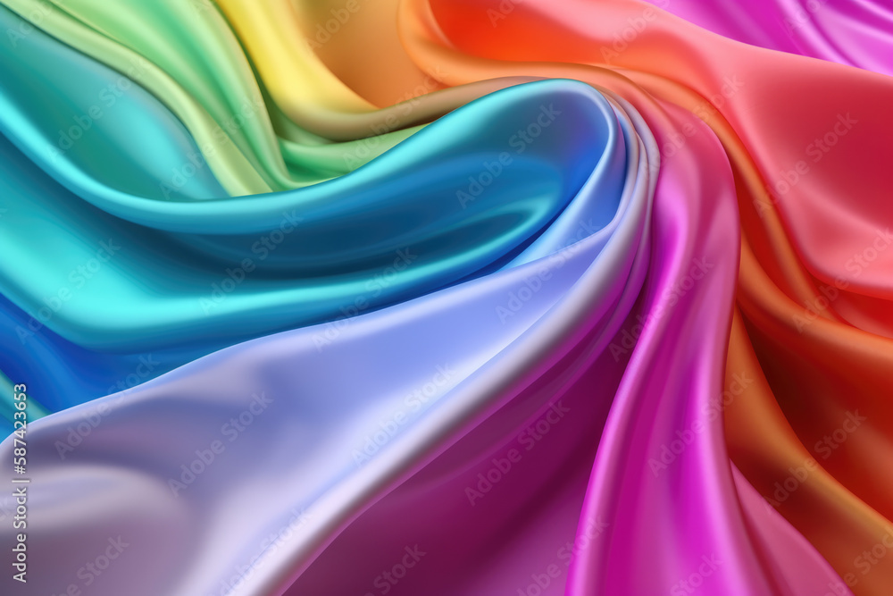 Obraz premium Rainbow colored silk satin background, texture, fabric, textile, material. Generative AI