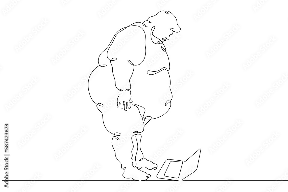 One continuous line. Fat man with a computer. Male character is looking ...
